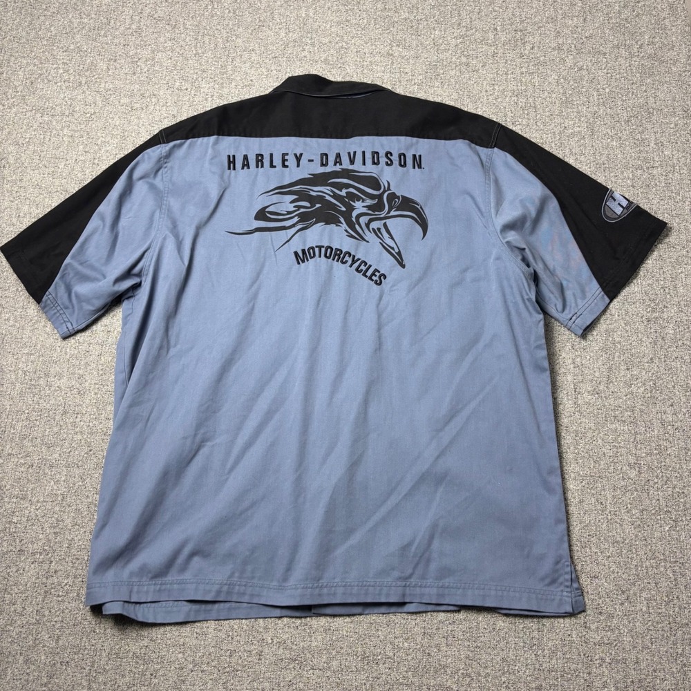 Harley-Davidson Mechanic Button Down Shirt Men 2XL Blue Black Eagle Biker Garage